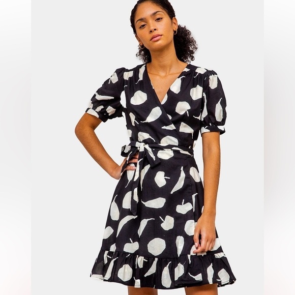 FRNCH Dresses & Skirts - FRNCH Paris Anara Black and Ivory Fruit Wrap Dress Sz Medium